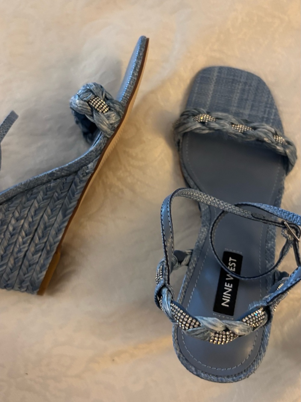 Nine West Light Blue Braided Wedge Sandals with Crystal Accents